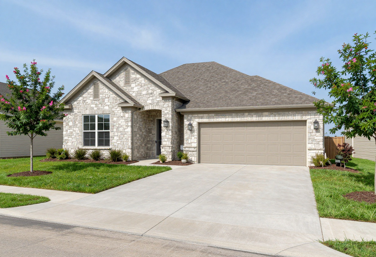 Sample listing — transitional stone home exterior, Fulshear, TX